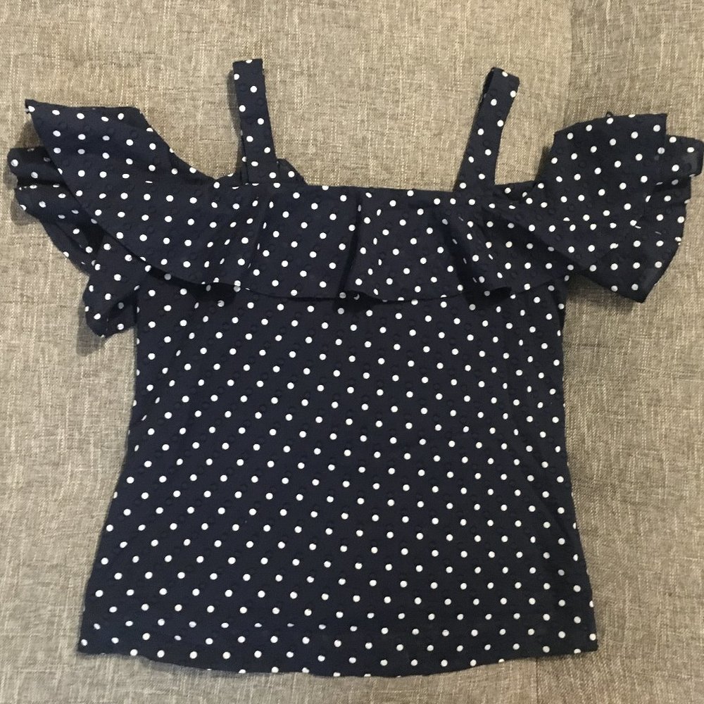 J. Crew Ruffle Navy Polka Dot Cold Shoulder Top 0